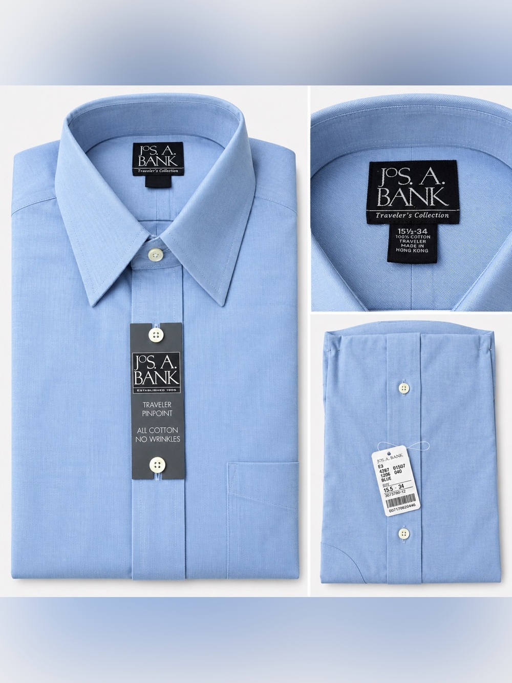 Jos. A. Bank Traveler Pinpoint Blue Dress Shirt 15.5 34 NWT